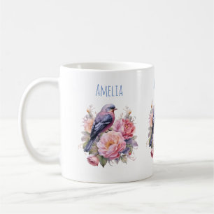 Zangvogel staande op roze pioenrozen koffiemok