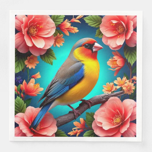 Zangvogel tussen heldere bloemen servet (Voorkant)