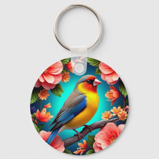 Zangvogel tussen heldere bloemen sleutelhanger (Voorkant)
