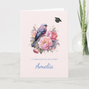 Zangvogel zit bovenop roze pioenrozen Afstuderen Kaart