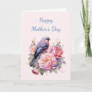 Zangvogel zit bovenop roze pioenrozen Moederdag Feestdagen Kaart