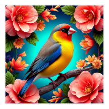 Zangvogel zit tussen heldere bloemen