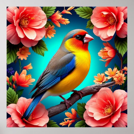 Zangvogel zit tussen heldere bloemen poster (Voorkant)