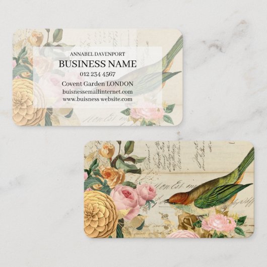 zangvogels en gouden en wazige roze rozen visitekaartje (Voorkant / Achterkant)