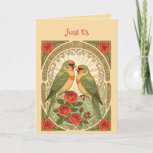 Zangvogels en rode rozen Art Nouveau vintage illus Kaart