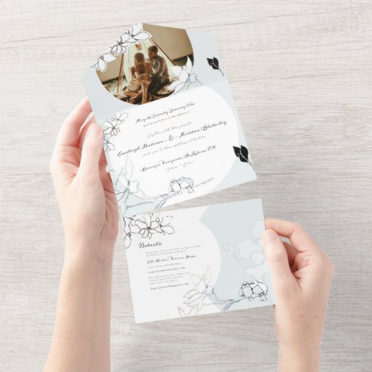 Zangvogels Magnolias | Alles in één bruiloft uitno All In One Uitnodiging (Afscheurbaar)