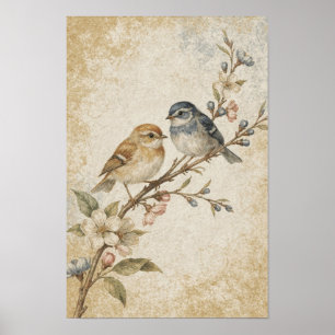 Zangvogels op een Bloeiende Tak in Oker en Indigo Poster