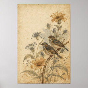 Zangvogels tussen gouden bloemen Wandkunst Poster