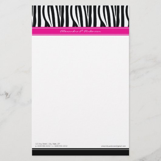 Zany Zebra Hot Pink Gepersonaliseerd Ontwerper Sta Briefpapier (Voorkant)