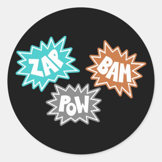 ZAP BAM POW Comic Sound FX - Oranje Ronde Sticker (Voorkant)