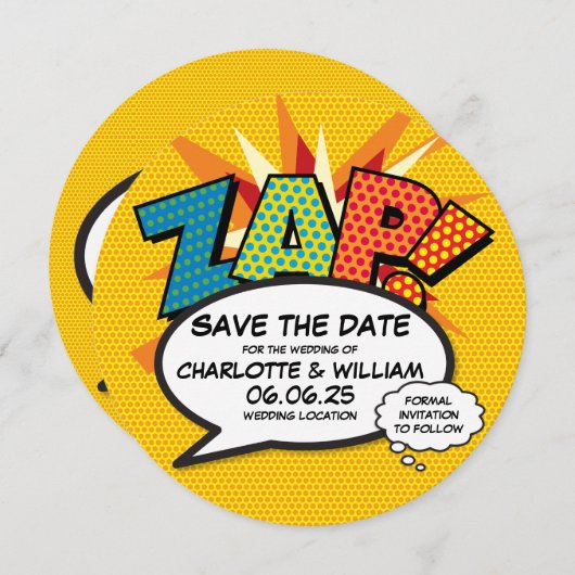 ZAP Bewaar de datum Leuk Retro stripboek Pop Art Save The Date (Voorkant / Achterkant)