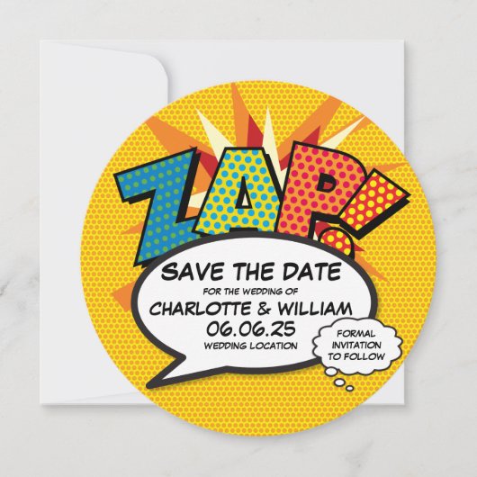 ZAP Bewaar de datum Leuke Retro Strip Pop Art Save The Date (Voorkant)