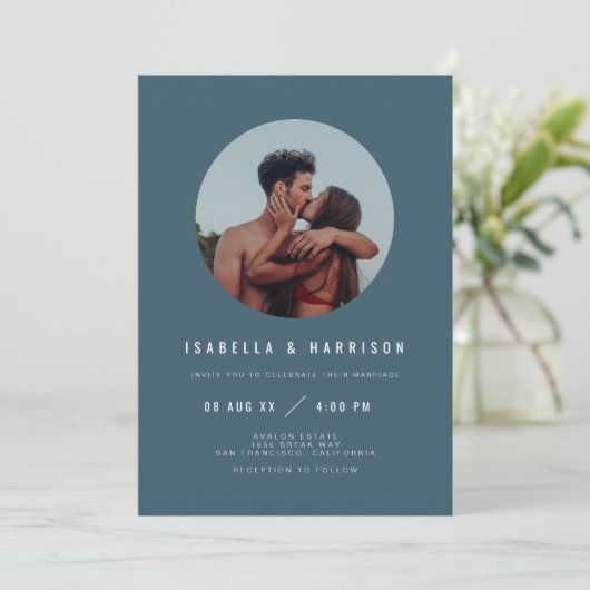 ZARA Modern Boho Slate Blue Photo Wedding Kaart (Staand voorkant)