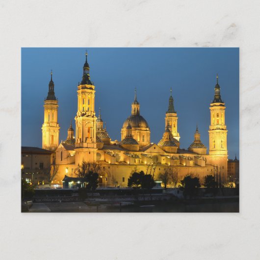 Zaragoza Basilica in het Briefkaart van Nacht (Voorkant)