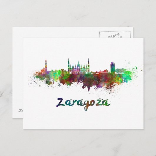 Zaragoza skyline in waterverf briefkaart (Voorkant / Achterkant)