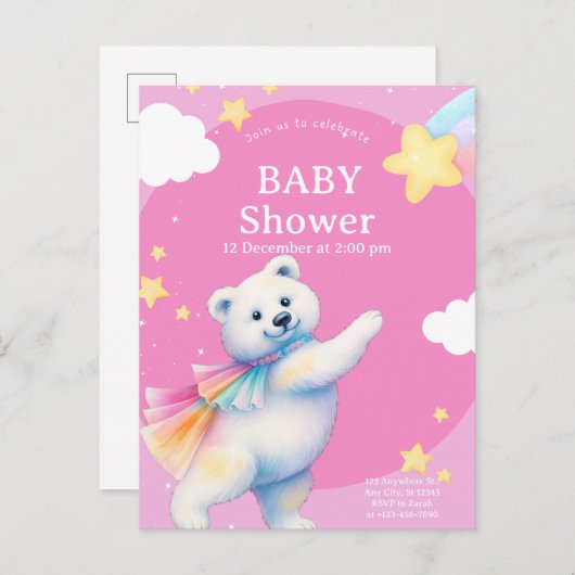 Zarah the Dancing Polar Bear Baby Shower Uitnodiging Briefkaart (Voorkant / Achterkant)