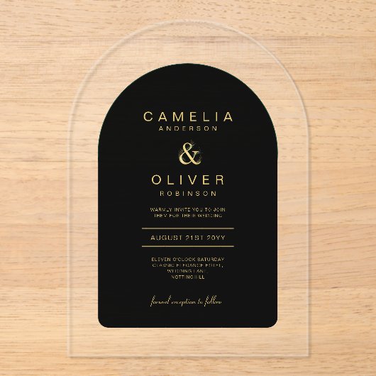 Zazzle Acryl Bruiloft Chic Zwart Goud Tekst Boog Acryl Uitnodigingen (Voorkant)