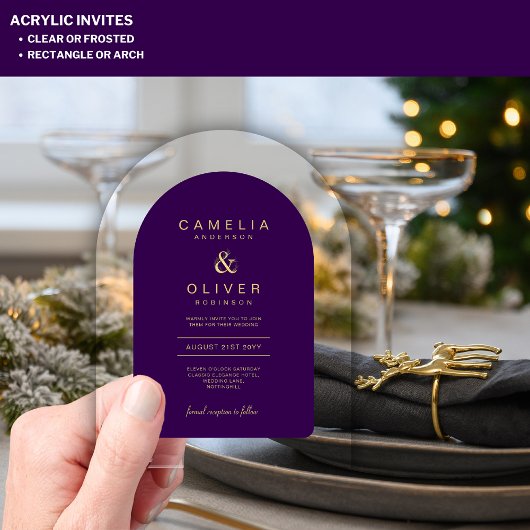 Zazzle Acryl Huwelijk Diep Paarse Gouden Tekstboog Acryl Uitnodigingen