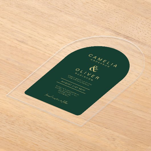 Zazzle Acryl Huwelijk Emerald Green Gold Tekst Acryl Uitnodigingen (Laagn)