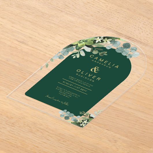 Zazzle Acryl Huwelijk Groen Eucalyptus Gouden Teks Acryl Uitnodigingen (Laagn)