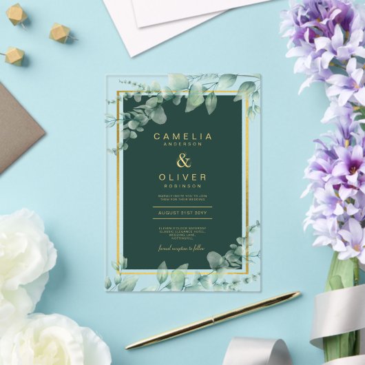 Zazzle Acryl Huwelijk Groen Eucalyptus Gouden Teks Acryl Uitnodigingen (Insitu (Huwelijk))