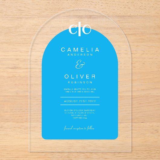 Zazzle Acryl Huwelijk Hemel Blauw Witte Tekstboog Acryl Uitnodigingen (Voorkant)