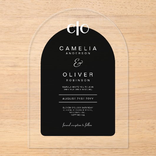 Zazzle Acryl Huwelijk Zwart Wit Tekstboog Acryl Uitnodigingen (Voorkant)