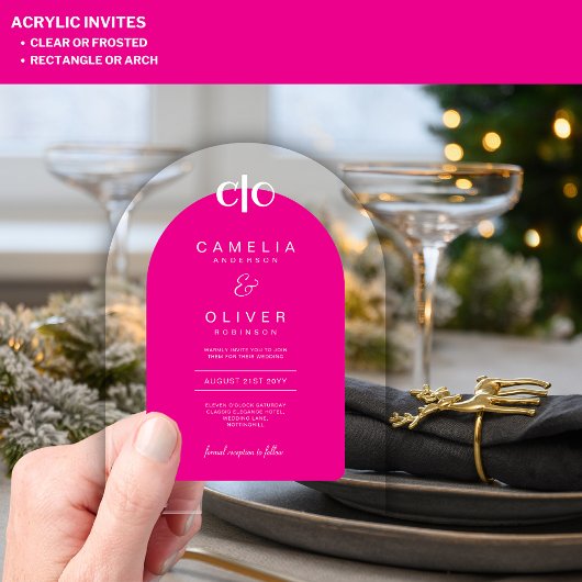 Zazzle Acryl Trouw Hot Roze Wit Tekst Boog Uitnodigingen