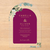 Zazzle Acryl Trouw Magenta Bladeren Gouden Tekst Acryl Uitnodigingen (Voorkant)