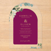 Zazzle Acryl Trouw Magenta Bladeren Gouden Tekst Uitnodigingen (Voorkant)