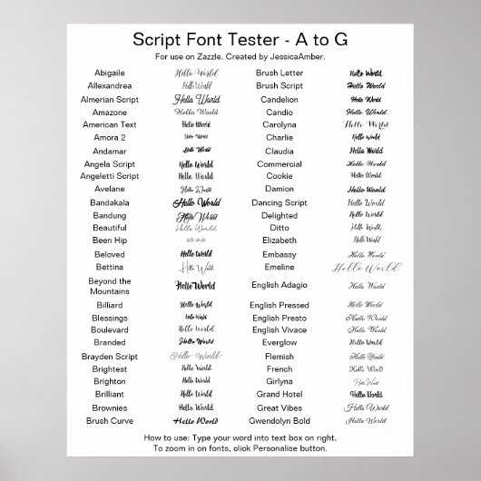 Zazzle Script Lettertype vergelijking A - G Poster (Voorkant)