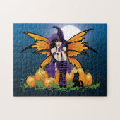 Zcute Halloween Fee Pompoenveld Zwarte Kat Legpuzzel (Horizontaal)
