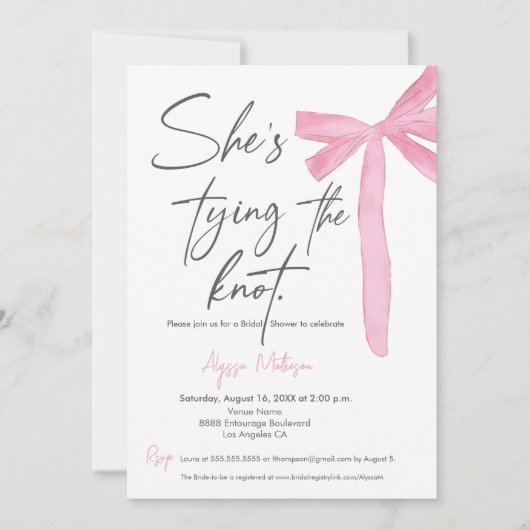 Ze bindt de knoop aan Script Pink Bow Vrijgezellen Kaart (Voorkant)