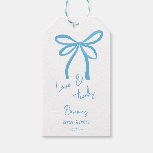 Ze bindt de knoop blauwe lintboog gunst cadeaulabel (Voorkant)