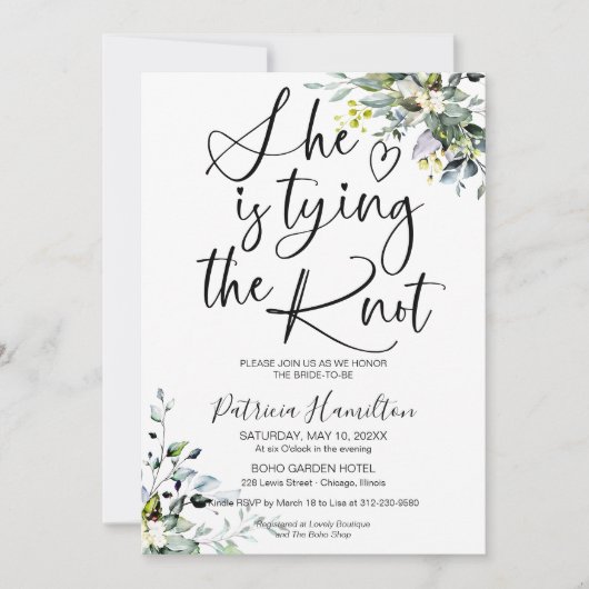 Ze bindt de knoop bruids douche uitnodiging (Voorkant)