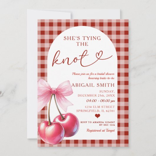 Ze bindt de knoop Cherry Gingham Shower Bow Kaart (Voorkant)