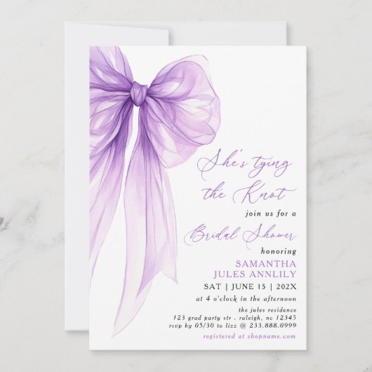 Ze bindt de knoop Paarse boog Vrijgezellenfeest Kaart (Voorkant)