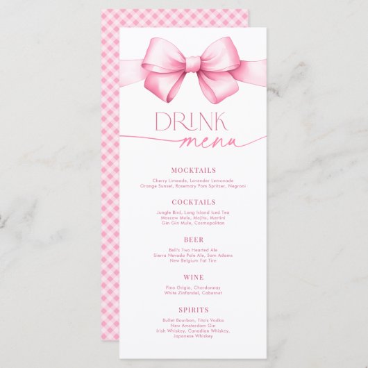 Ze bindt de knoop Pink Bow Vrijgezellenfeest Drink Menu (Voorkant / Achterkant)