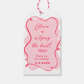 Ze bindt de knoop retro roze en rood dank je cadeaulabel (Voorkant)