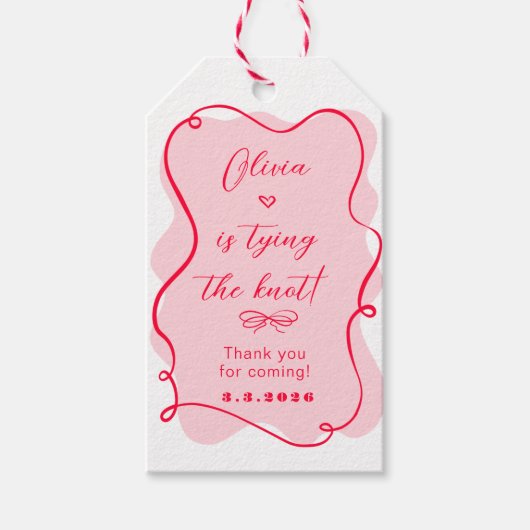 Ze bindt de knoop retro roze en rood dank je cadeaulabel (Voorkant)