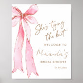 Ze bindt de knoop roze boog bruids welkom poster (Voorkant)