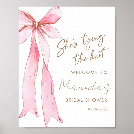 Ze bindt de knoop roze boog bruids welkom poster (Voorkant)