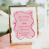 Ze bindt de knoop roze en rode bruids welkom poster