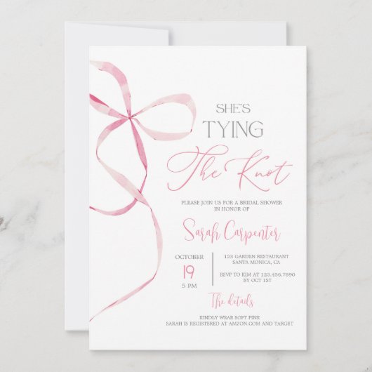 Ze bindt de knoop strik bruids douche uitnodiging (Voorkant)