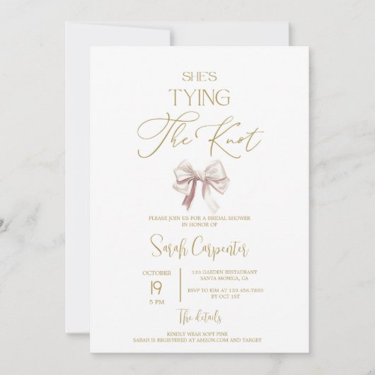 Ze bindt de knoop strik bruids douche uitnodiging (Voorkant)