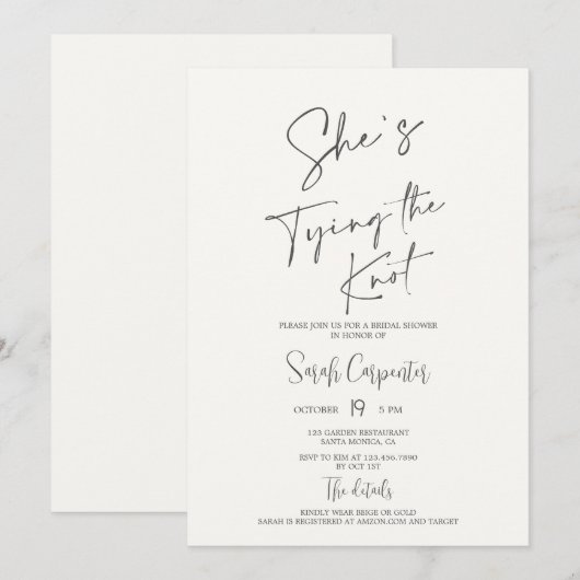 Ze bindt de knoop strik bruids douche uitnodiging (Voorkant / Achterkant)