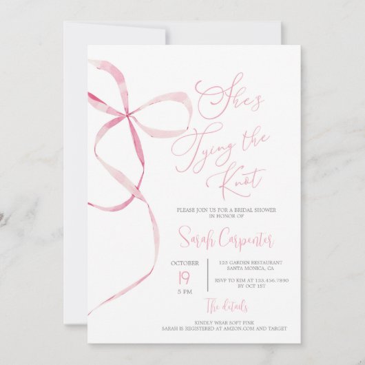 Ze bindt de knoop strik bruids douche uitnodiging (Voorkant)