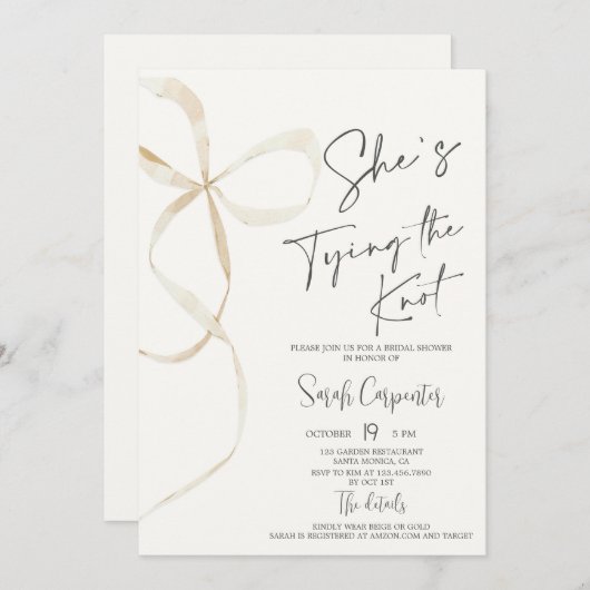 Ze bindt de knoop strik bruids douche uitnodiging (Voorkant / Achterkant)