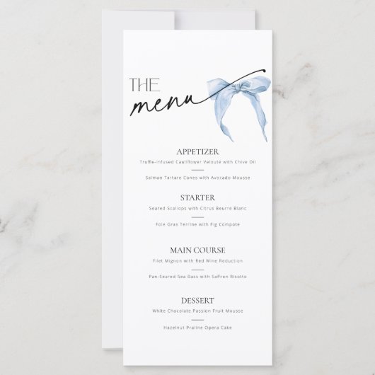 Ze bindt de knoop Vrijgezellenfeest Menu blauwe bo (Voorkant)