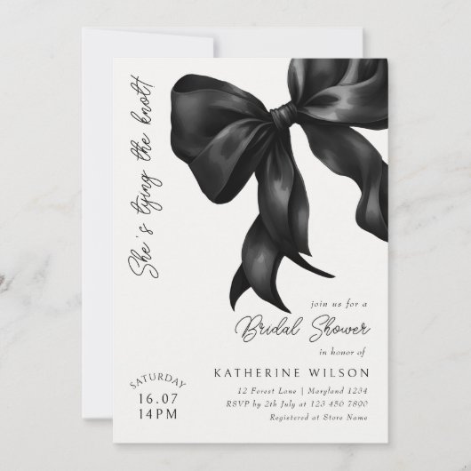 Ze bindt de Knot Black Bow Vrijgezellenfeest Kaart (Voorkant)